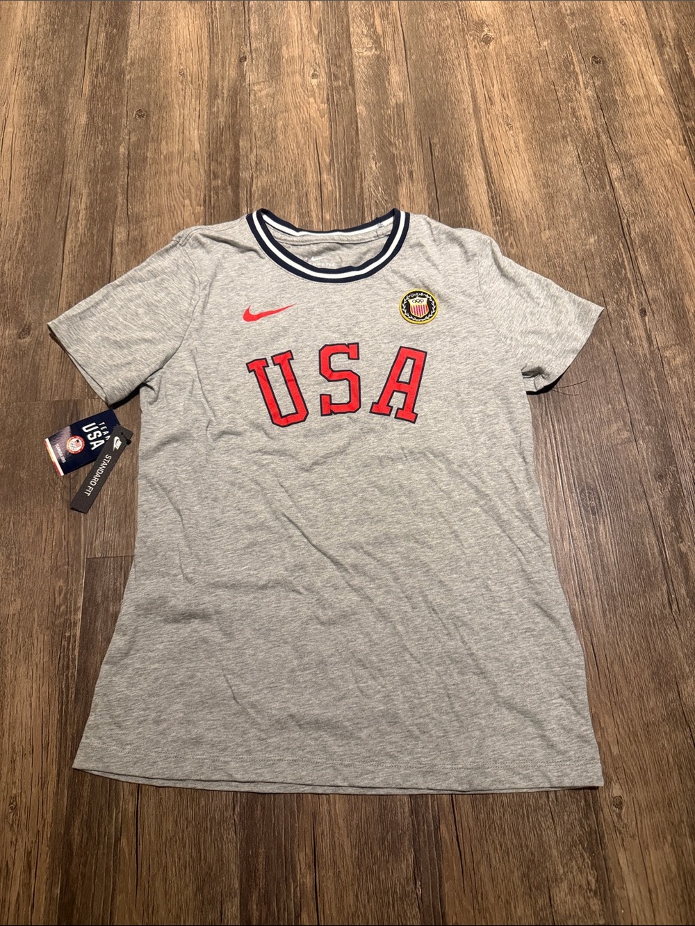 Nike Grey Kids USA Short Sleeve Tee with Red Lettering